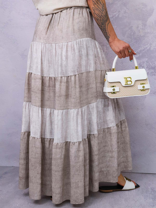 SPÓDNICA MAXI Z ŁĄCZONYCH MATERIAŁÓW+ PASEK- BEŻOWA