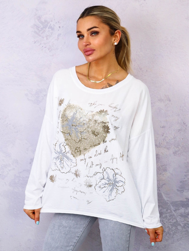 BLUZKA Z APLIKACJĄ I OZDOBNYMI CEKINAMI- BIAŁA
