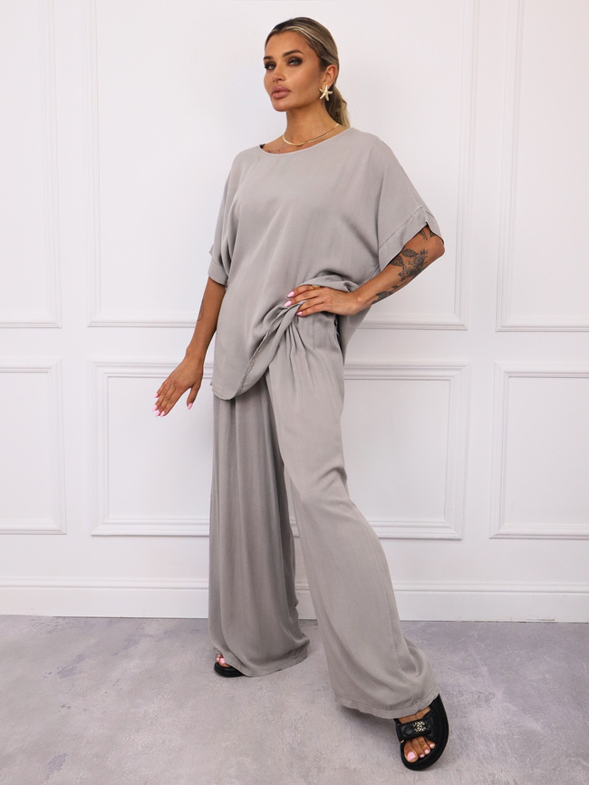 KOMPLET T-SHIRT OVERSIZE+ SPODNIE Z GUMĄ W PASIE- SZARY