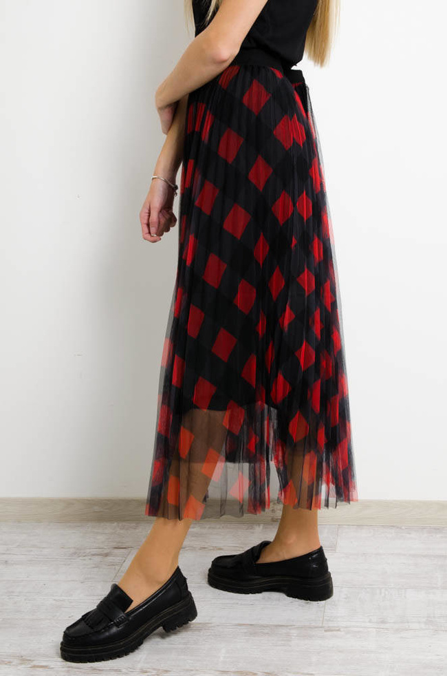 CZERWONA SPÓDNICA TIULOWA W KRATĘ