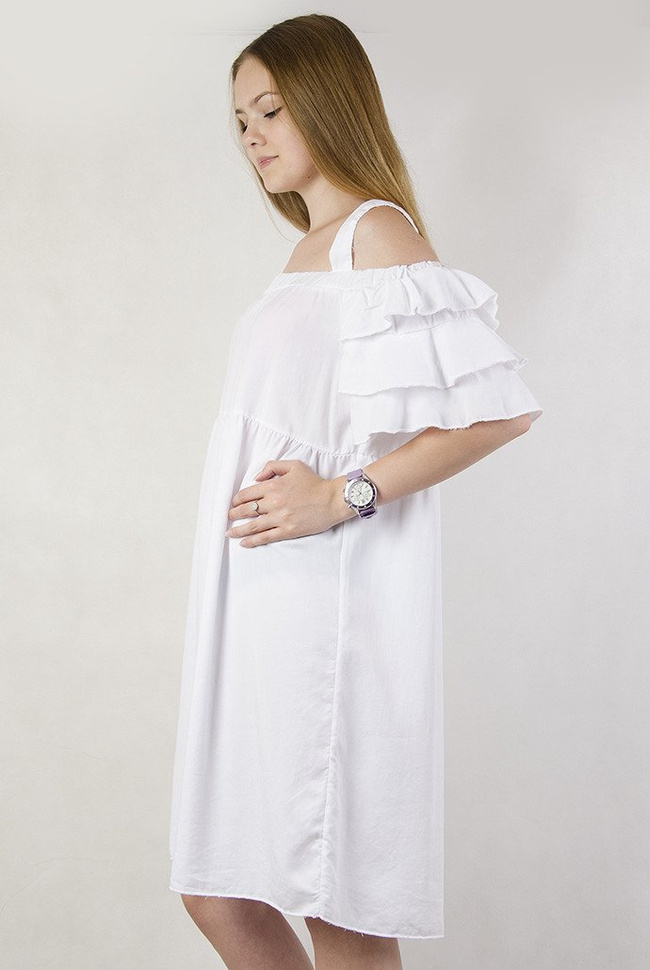 Biała sukienka z falbanami, na ramiączka