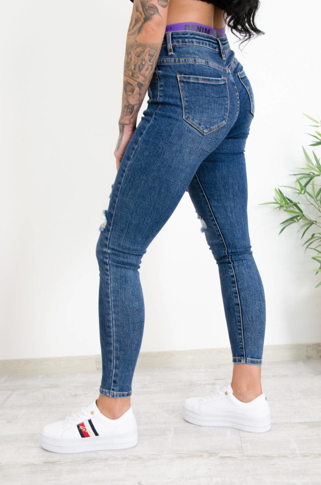 CIEMNE SPODNIE JEANSOWE Z GUMĄ W PASIE-WYSOKI STAN