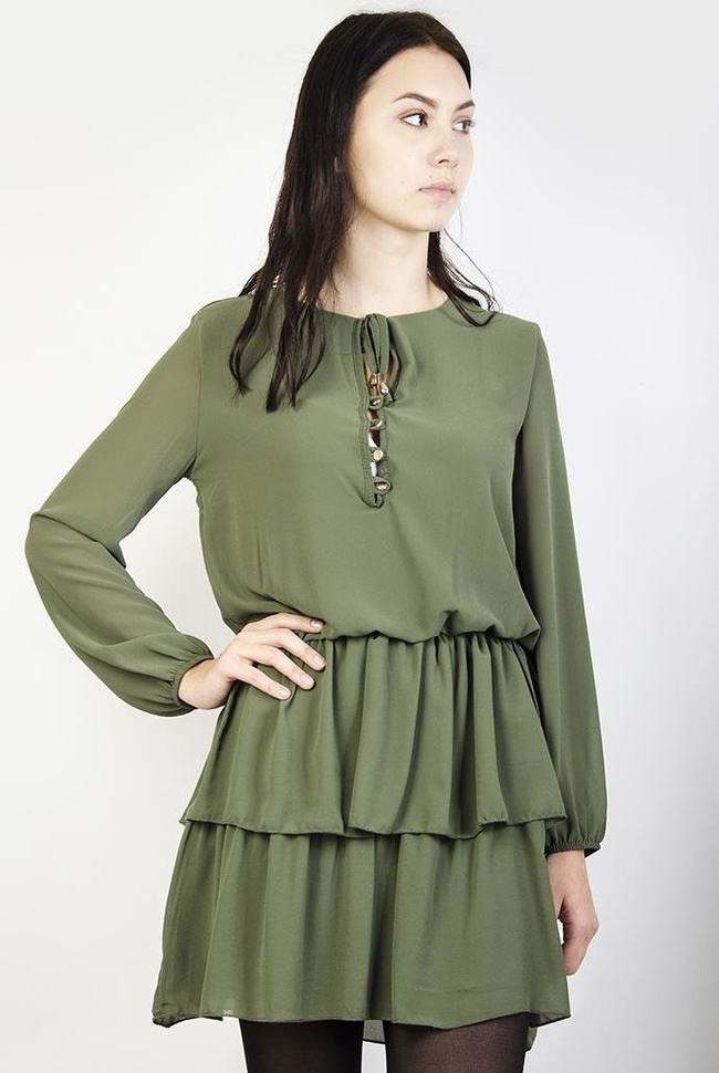 Zielona szyfonowa sukienka z wiązaniem i falbanami