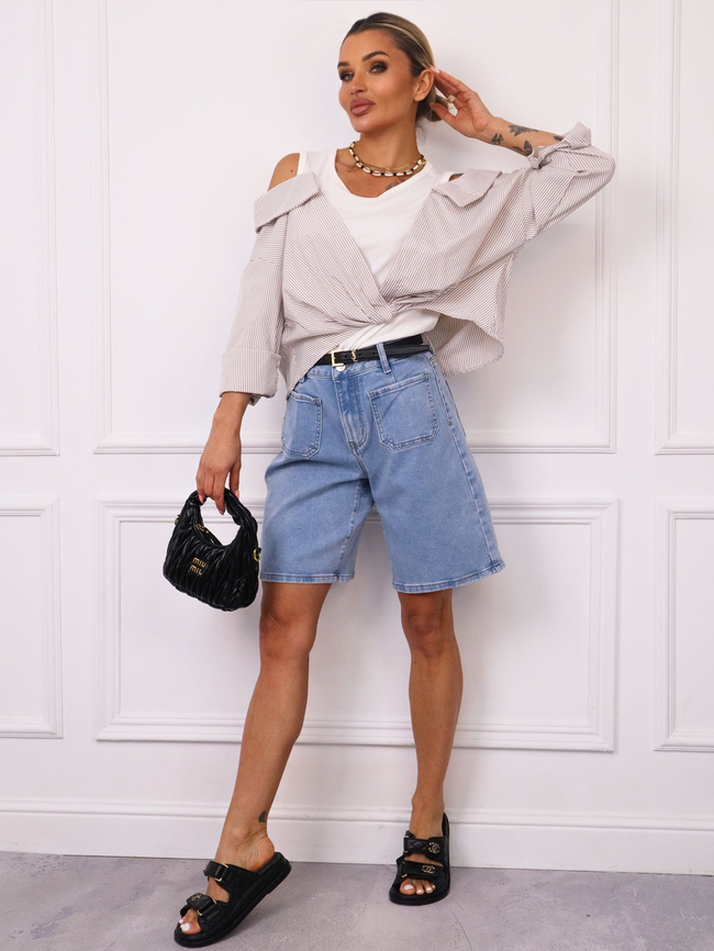 TOP Z KOSZULĄ W PASKI OVERSIZE- BEŻOWY