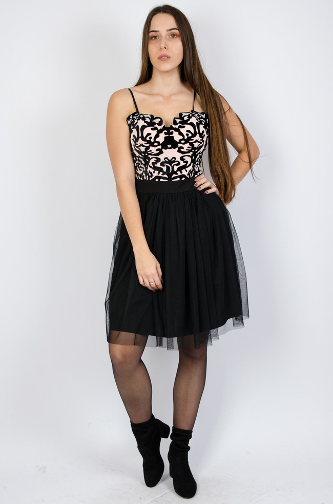 CZARNO-RÓŻOWA SUKIENKA GORSETOWA Z TIULEM