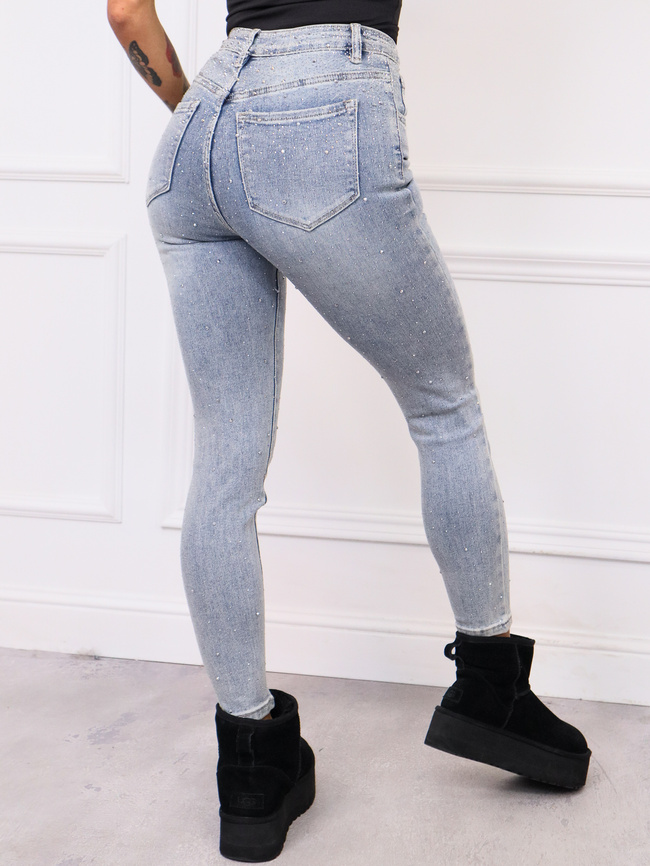 SPODNIE JEANSOWE SKINNY W CYRKONIE- JASNOJEANSOWE