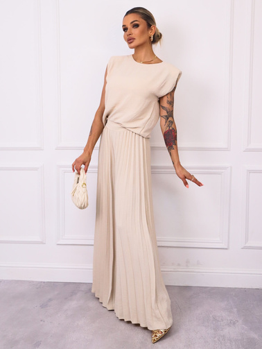 KOMPLET BLUZKA+ SZEROKIE PLISOWANE SPODNIE- BEŻOWY