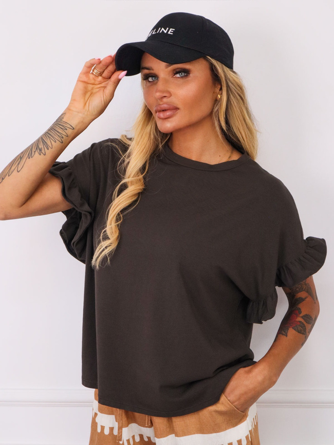 T-SHIRT OVERSIZE Z FALBANAMI NA RĘKAWACH- BRĄZOWY
