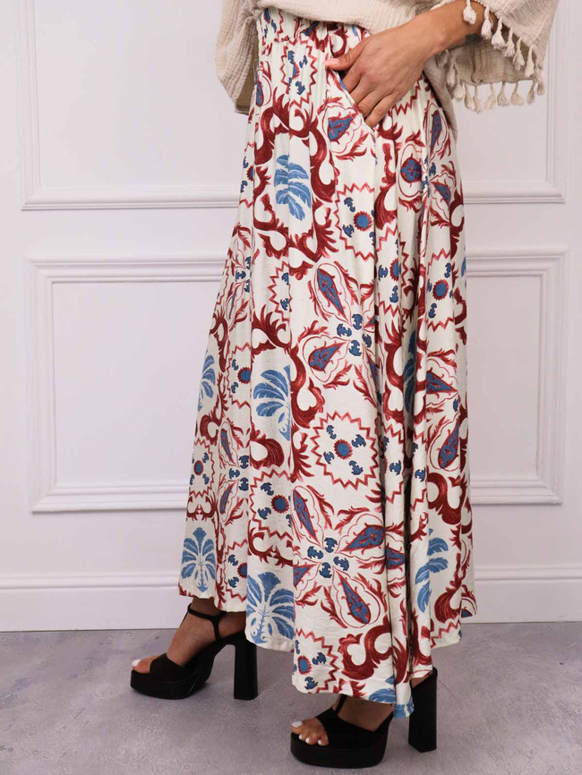 SPÓDNICA MAXI WZORZYSTA Z GUMĄ W PASIE- CZERWONA