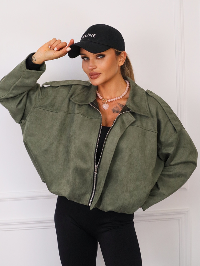 KURTKA OVERSIZE Z IMITACJI ZAMSZU ZAPINANA NA ZAMEK- KHAKI