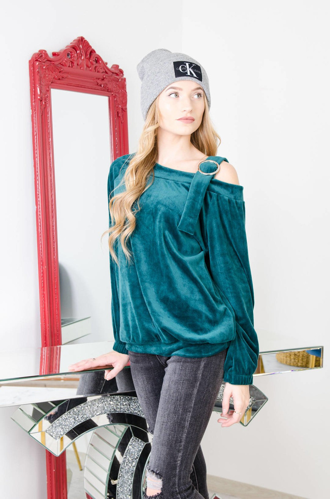 ZIELONA WELUROWA BLUZKA Z WYCIĘCIEM NA RAMIENIU