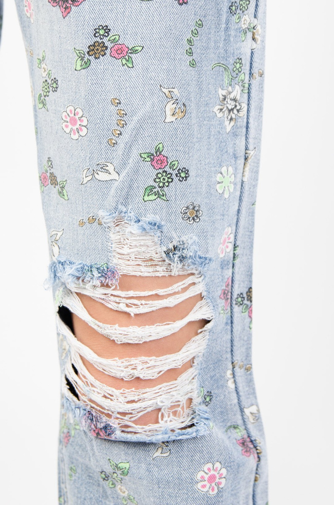 SPODNIE RELAXED FIT W DROBNE KWIATY Z PRZETARCIAMI