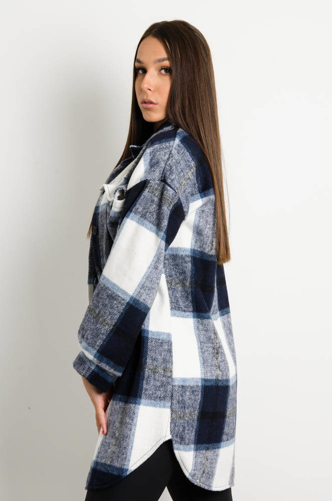 GRANATOWY PŁASZCZ KOSZULOWY W KRATĘ 