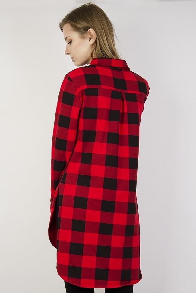 Asymetryczna koszula w kratę z złotą cekinową kieszonką