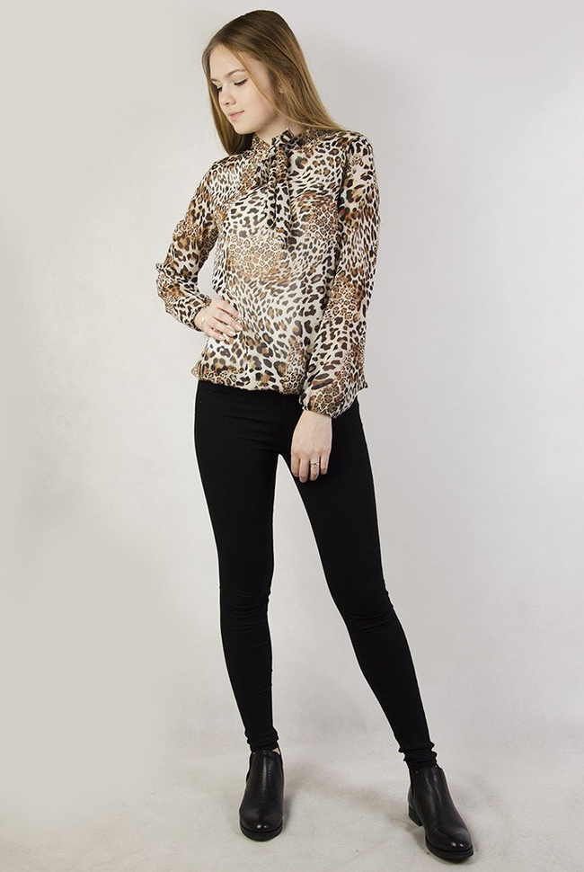 Bluzka w panterkę z wiązaniem pod szyją 