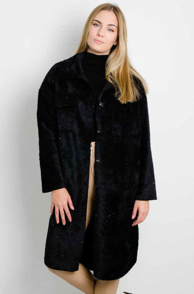 CZARNY PŁASZCZ ALPAKA Z KIESZONKAMI