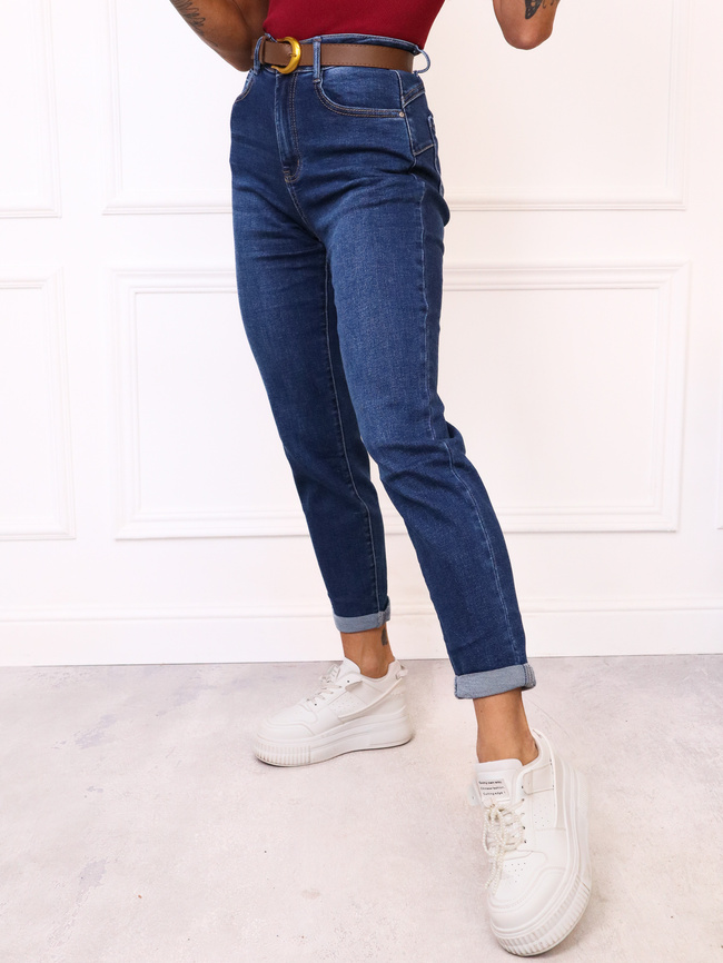 SPODNIE JEANSOWE MOM FIT Z WYSOKIM STANEM PUSH UP+ PASEK- GRANATOWE
