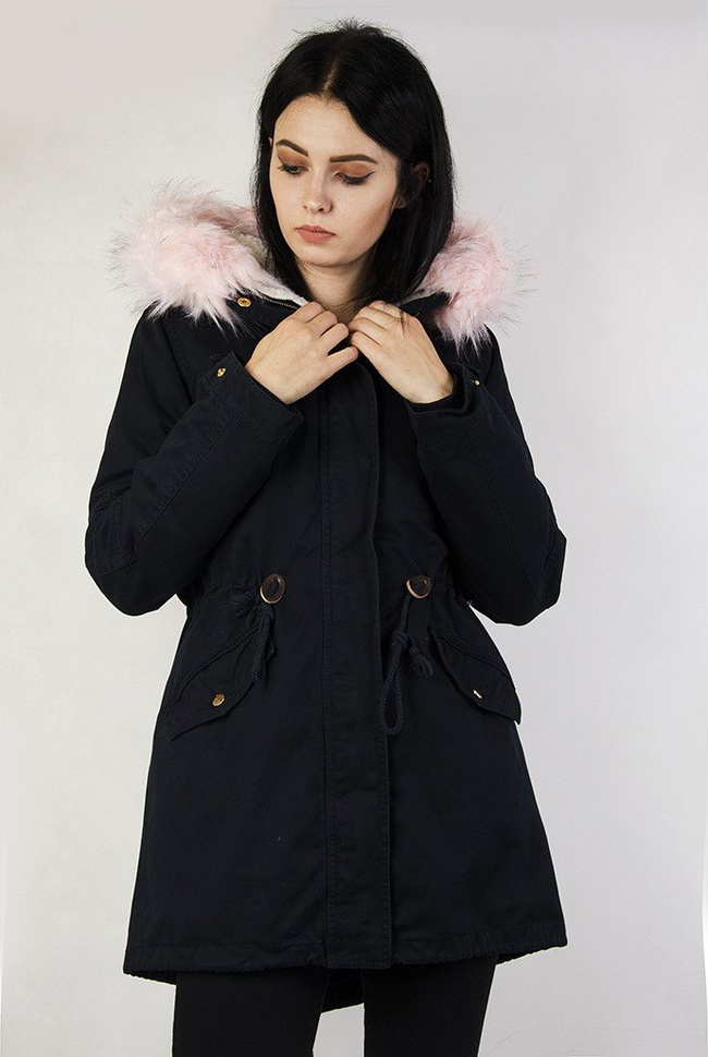 Granatowa kurtka parka z różowym futerkiem
