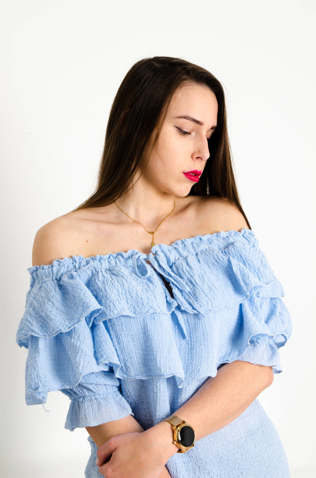 NIEBIESKA MUŚLINOWA BLUZKA HISZPANKA