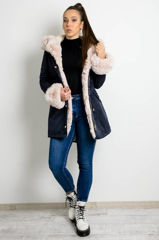 GRANATOWA KURTKA PARKA ZIMOWA Z ODPINANYM FUTERKIEM