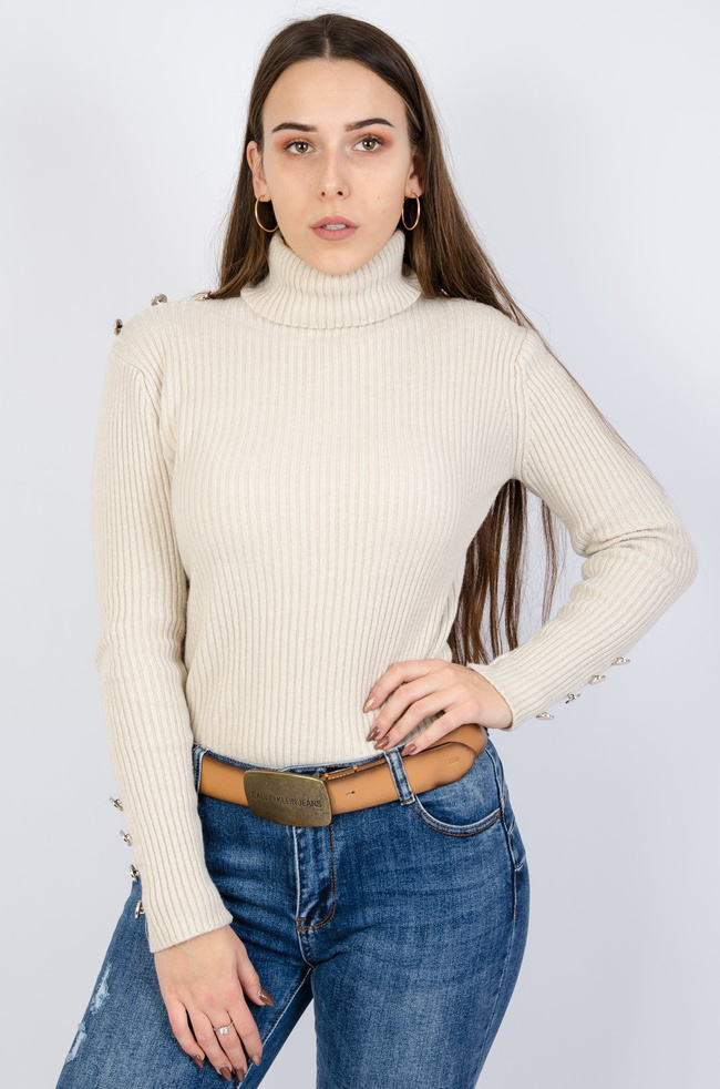 BEŻOWY PRĄŻKOWANY SWETER Z GOLFEM