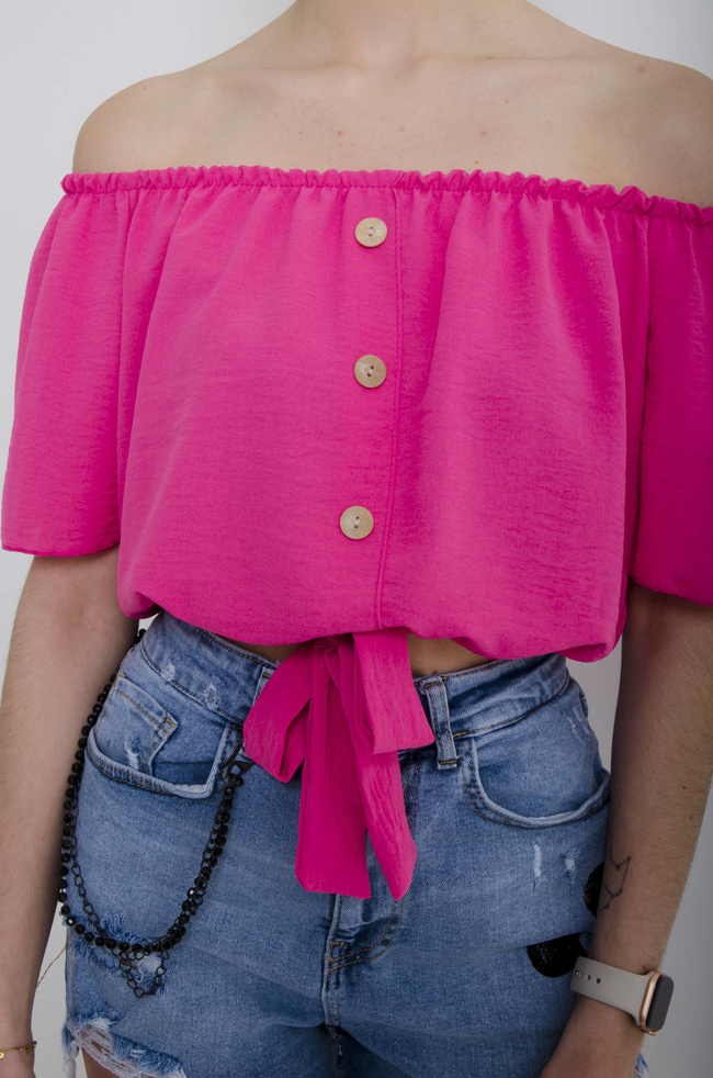 BLUZKA HISZPANKA Z WIĄZANIEM - CIEMNO-RÓŻOWA