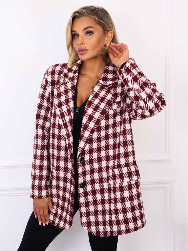 PŁASZCZ MARYNARKA W KRATKĘ ZAPINANY NA GUZIKI- BORDOWY