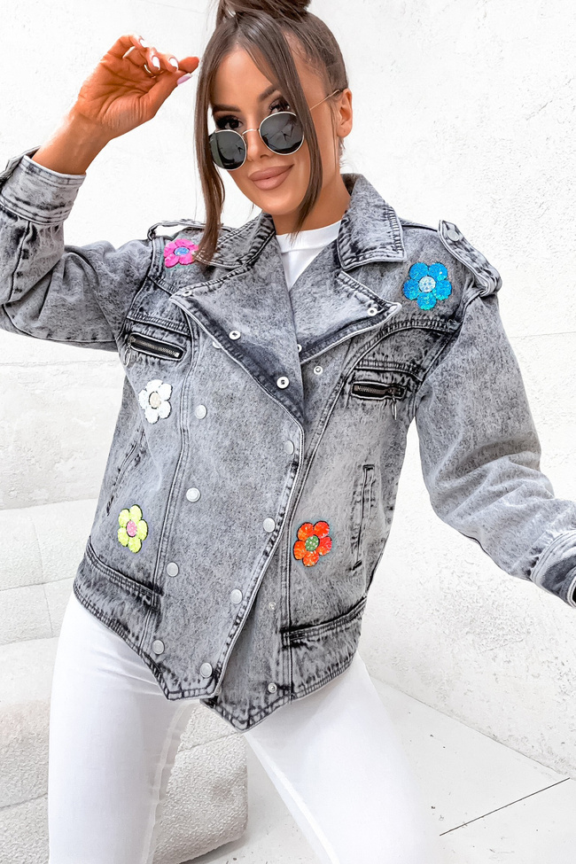 SZARA KURTKA JEANSOWA RAMONESKA Z NASZYWANYMI KWIATAMI