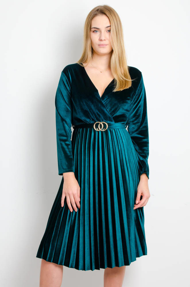 ZIELONA WELUROWA SUKIENKA Z PLISOWANIEM