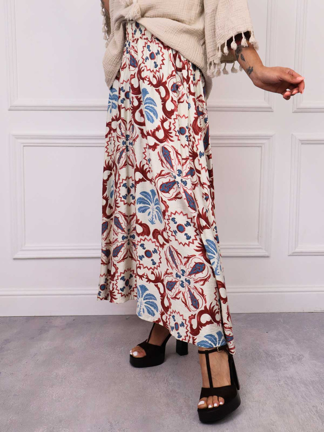 SPÓDNICA MAXI WZORZYSTA Z GUMĄ W PASIE- CZERWONA