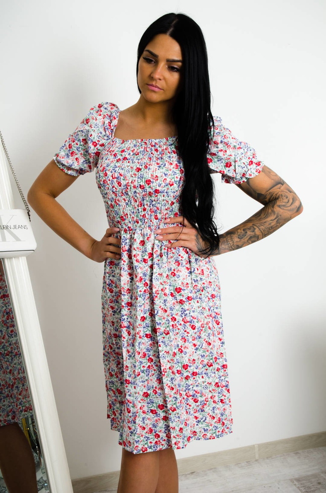 BIAŁA KWIECISTA SUKIENKA Z BUFKAMI