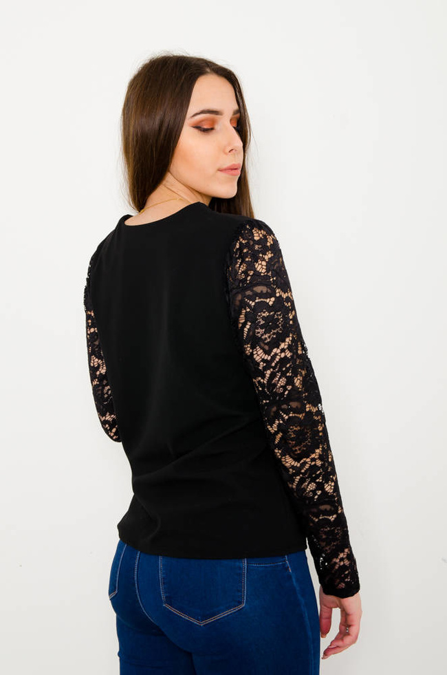CZARNA ELEGANCKA BLUZKA Z KORONKOWYMI RĘKAWAMI