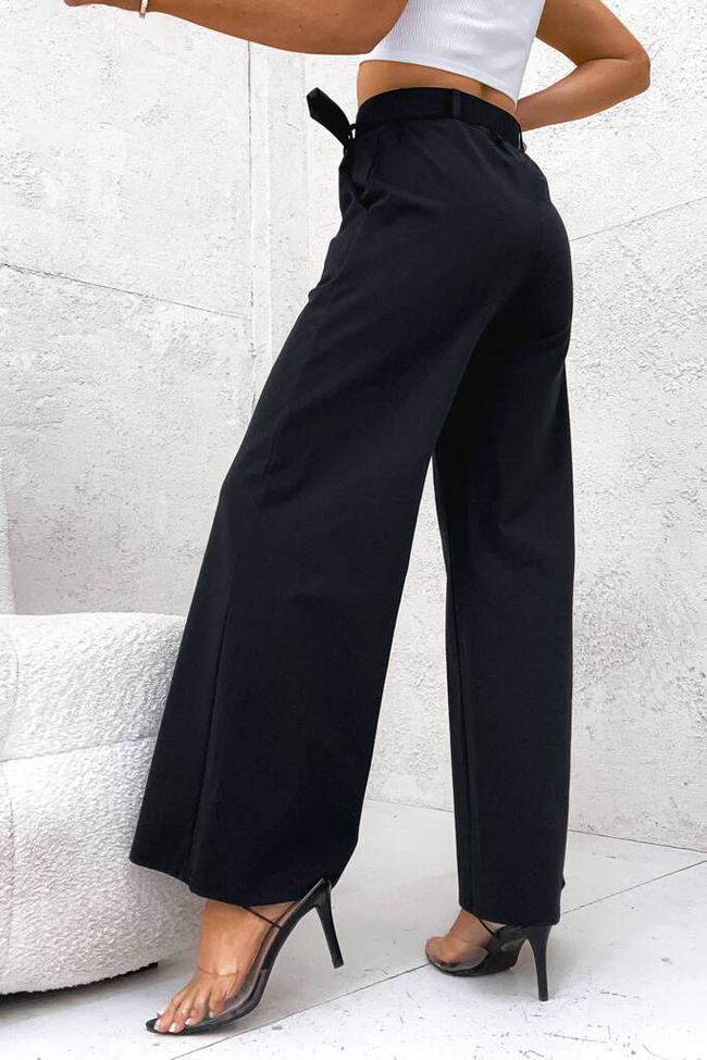 SPODNIE BAWEŁNIANE ONESIZE Z SZEROKĄ NOGAWKĄ I PASKIEM- CZARNE