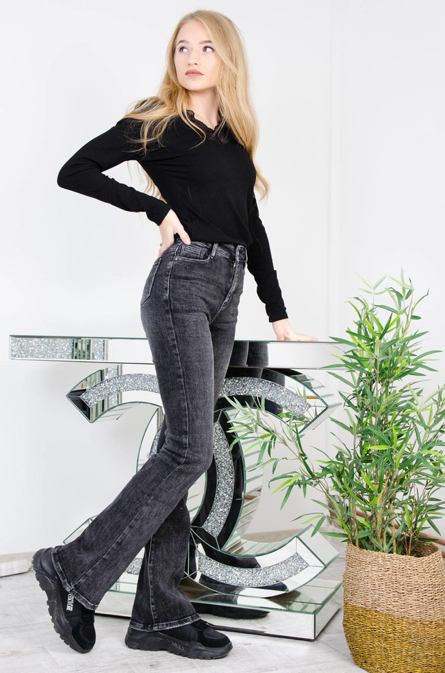 CIEMNO-SZARE SPODNIE JEANSOWE DZWONY Z WYSOKIM STANEM