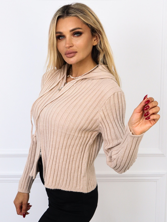 DZIANINOWA BLUZA W PRĄŻEK Z KAPUREM NA SUWAK- BRĄZOWA