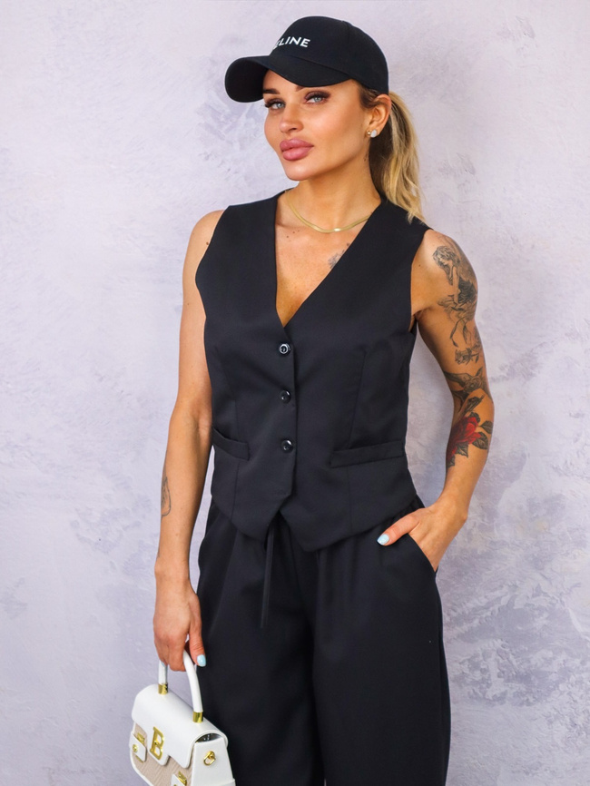 KOMPLET KAMIZELKA+ SPODNIE Z SZEROKIMI NOGAWKAMI- CZARNY