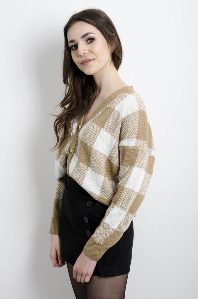 SWETER BRĄZOWY W SZACHOWNICĘ