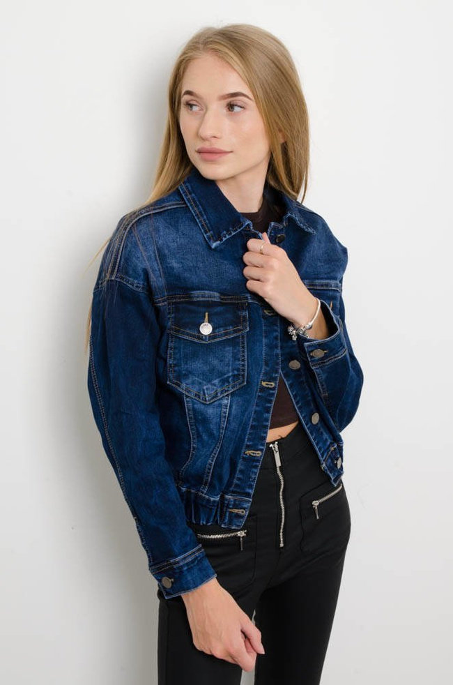 GRANATOWA KURTKA JEANSOWA BOMBERKA ZE ŚCIĄGACZEM