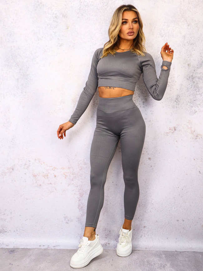 KOMPLET PRĄŻKOWANY MODELUJĄCY LEGGINSY+ TOP- SZARY