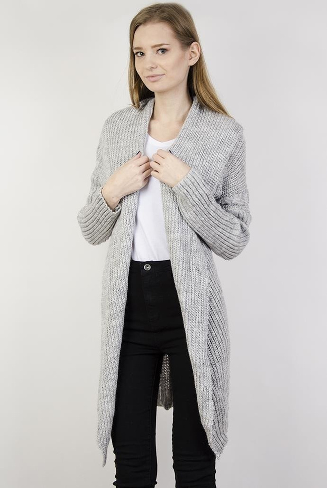 Jasnoszary sweter kardigan z wywijanym kołnierzem
