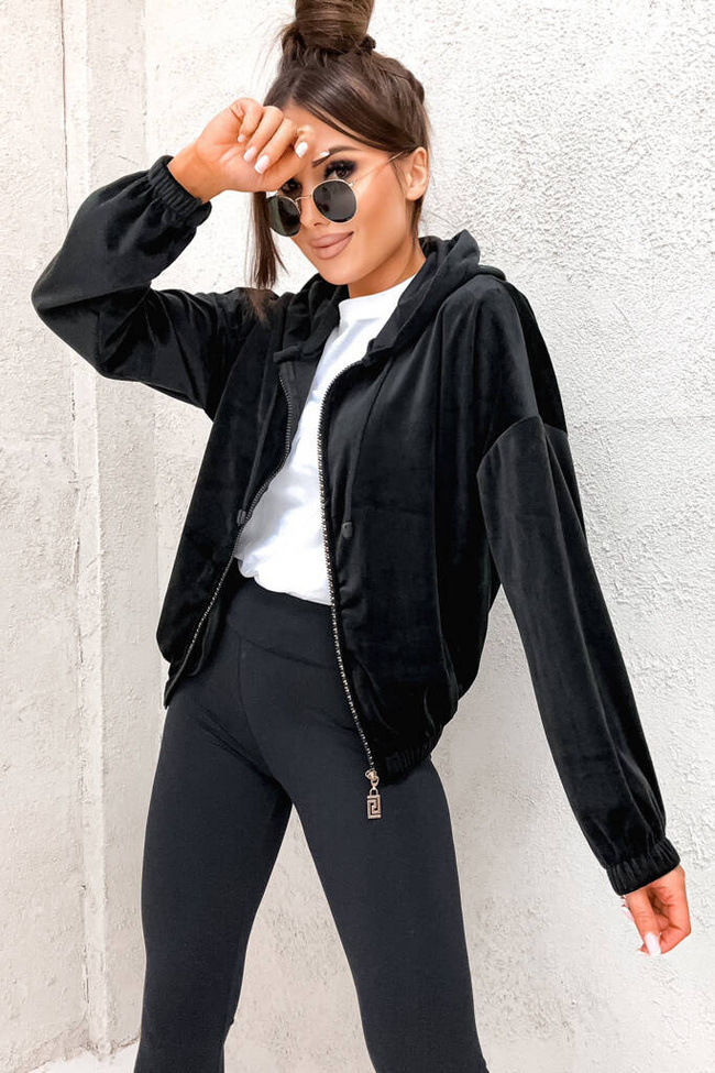 BLUZA ZAMSZOWA Z OZDOBNYM ZAMKIEM- CZARNA