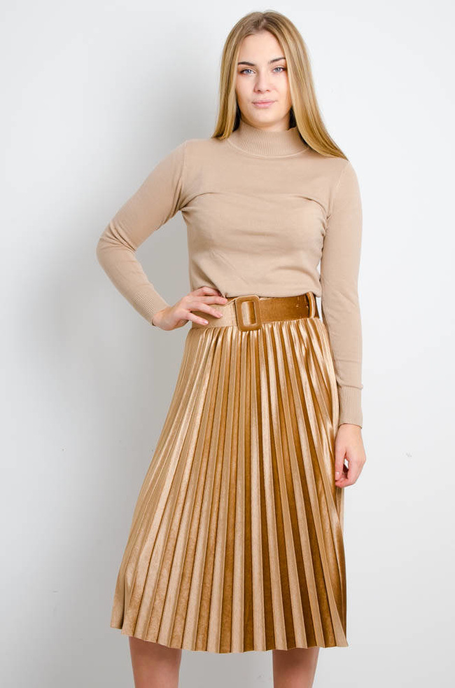 BRĄZOWA WELUROWA PLISOWANA SPÓDNICA Z PASKIEM-MIDI