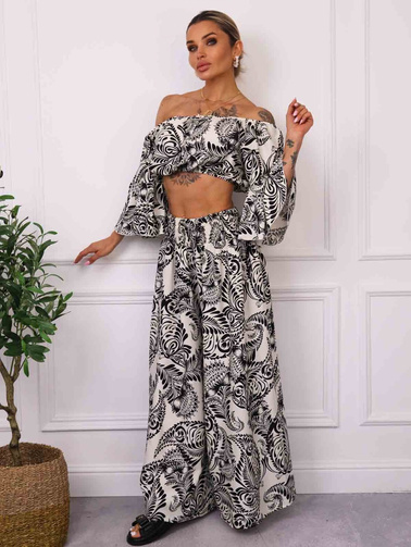 KOMPLET WZORZYSTY TOP+ SPODNIE- CZARNY