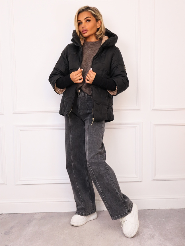 KURTKA ASYMETRYCZNA Z PRZEDŁUŻONYMI ŚCIĄGACZAMI PRZY RĘKAWACH- CZARNA