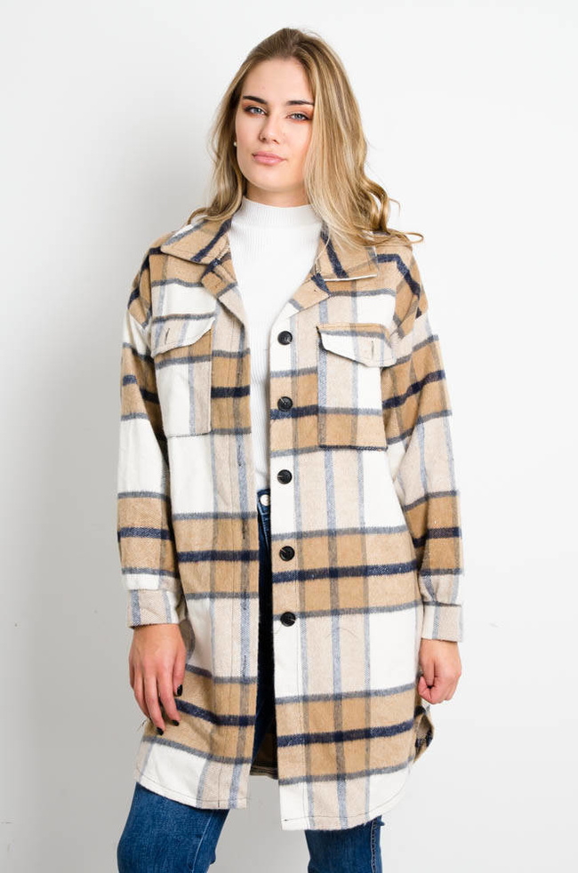 BEŻOWA FLANAELOWA KURTKA KOSZULOWA W KRATĘ 