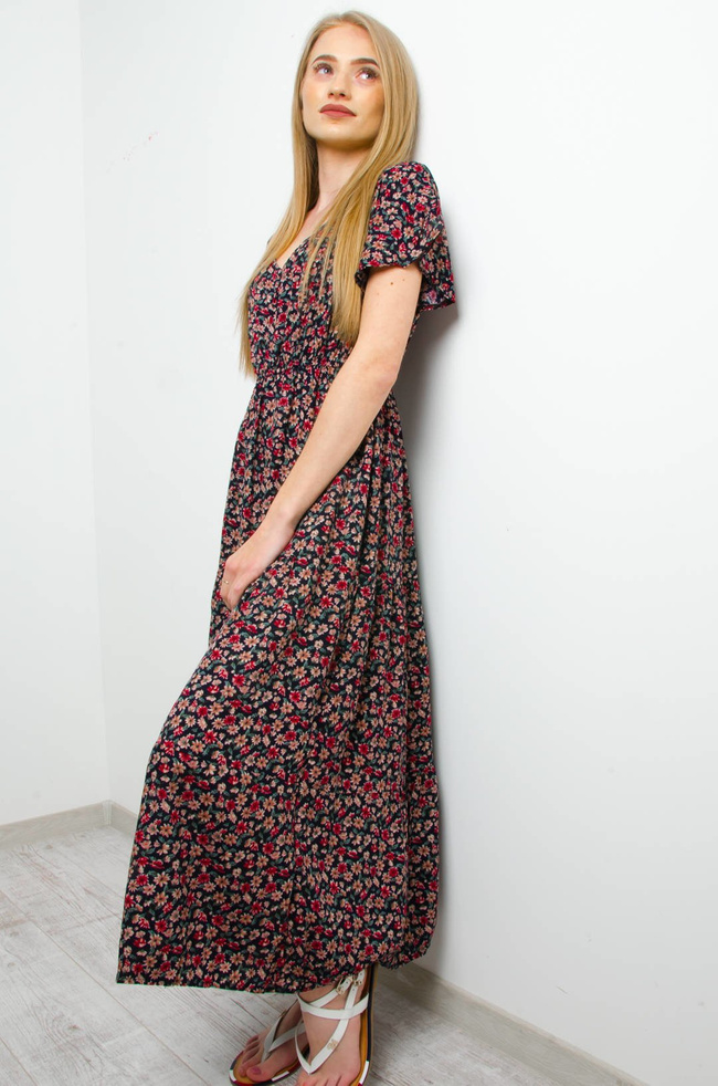 DŁUGA GRANATOWA SUKIENKA W KWIATY- DEKOLT W SEREK