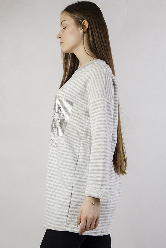 Biała bluzka w jasnoszare paski, z nadrukiem