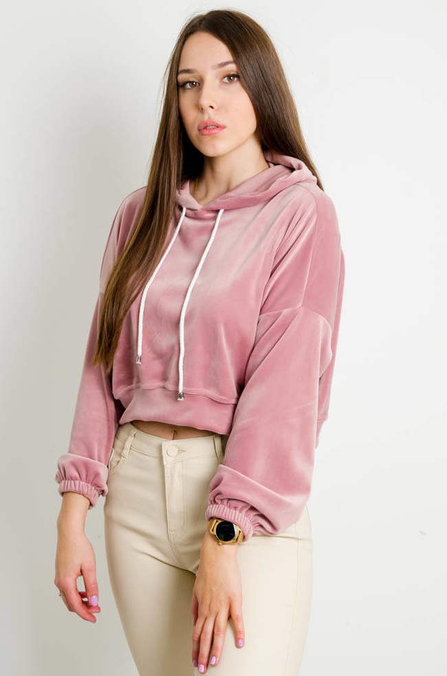 ROŻOWA WELUROWA BLUZA Z KAPTUREM -LUŹNY KRÓJ