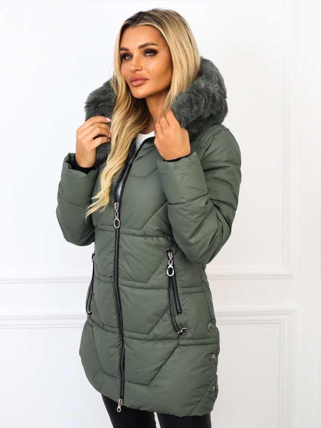 KURTKA PIKOWANA Z FUTERKIEM NA KAPTURZE- ZIELONA