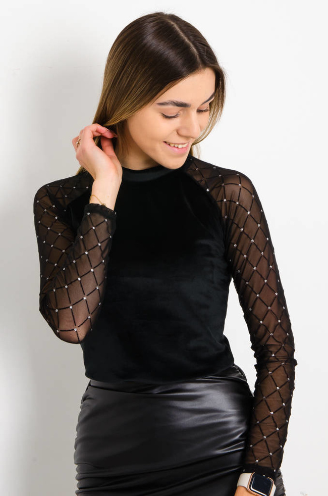 CZARNA BLUZKA Z RĘKAWAMI Z SIATKI I CYRKONIAMI